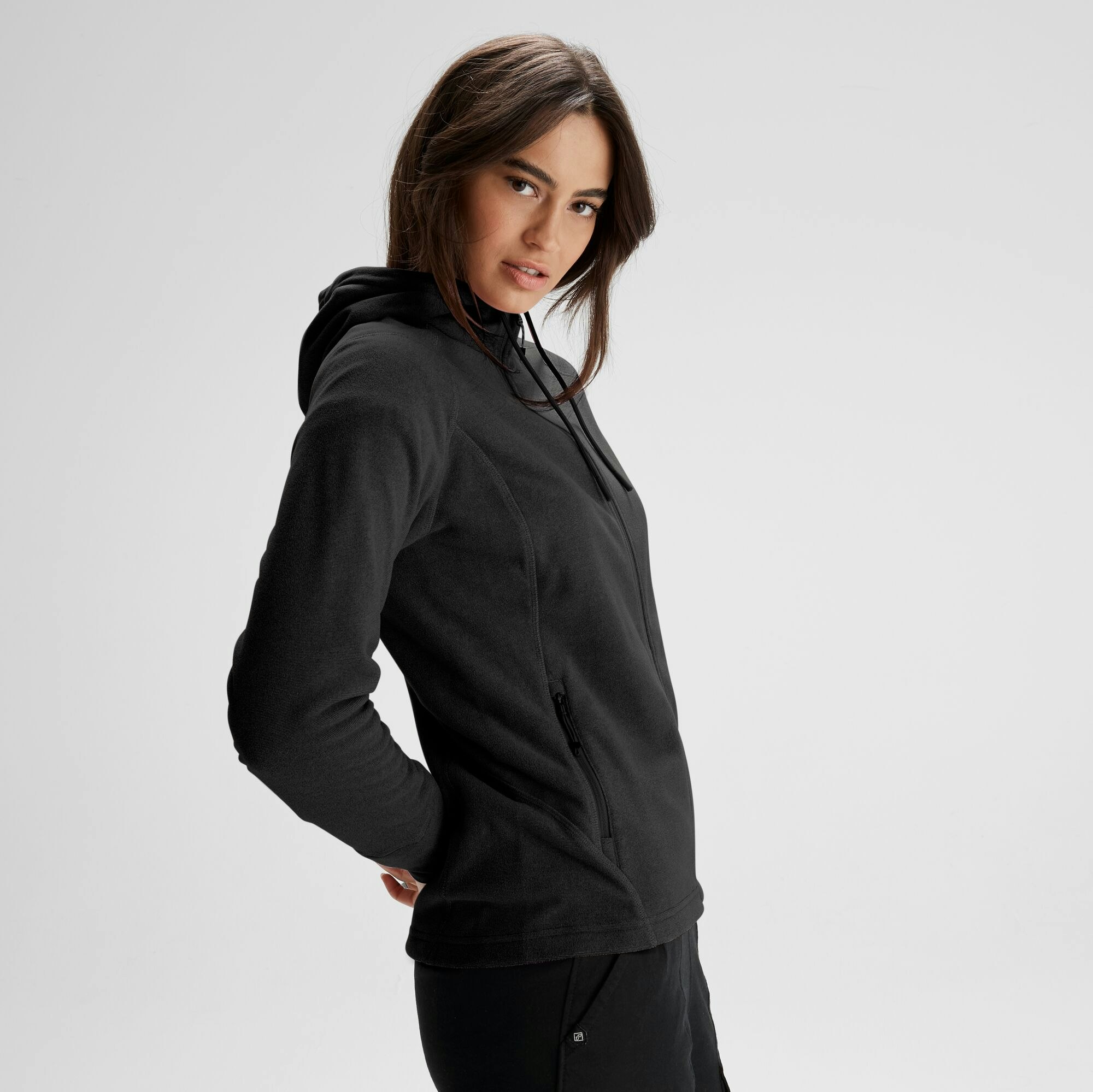 Black hooded fleece jacket women's sales